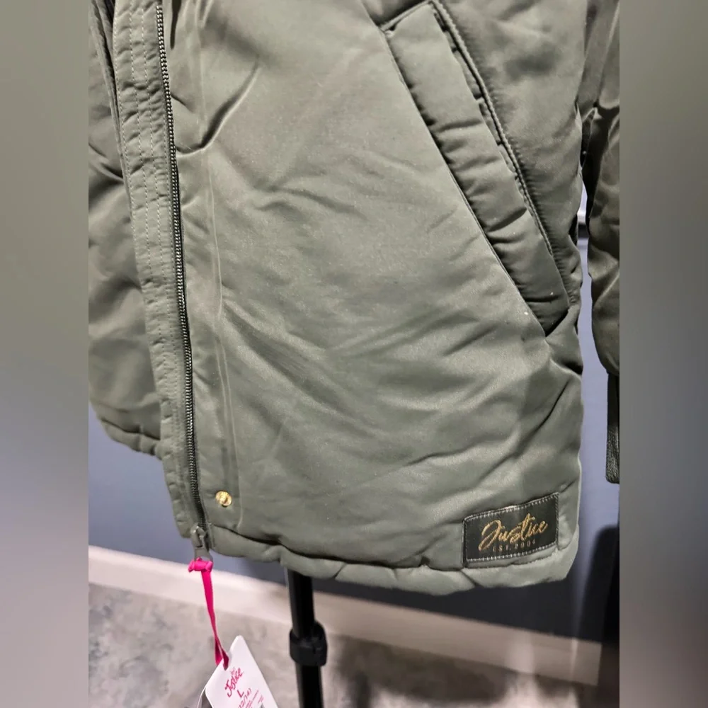 Justice Kids Olive Puffer Jacket with Faux Fur Trim